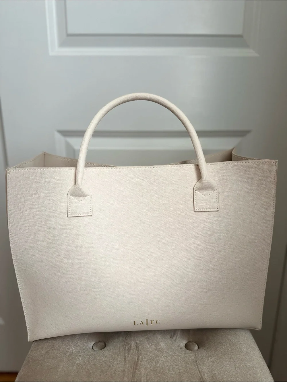 Cream Large Tote Bag with Gold Text - Designer Logo Statement - Picture 2 of 5